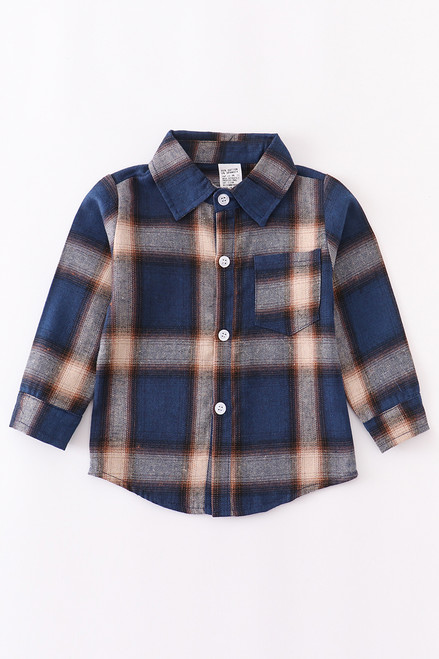 Boys' Navy & Tan Plaid Flannel Shirt