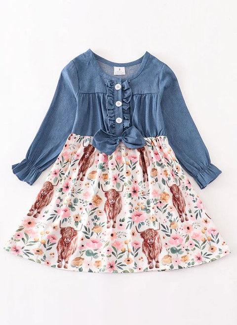 Girls' Highland Cow Denim Dress