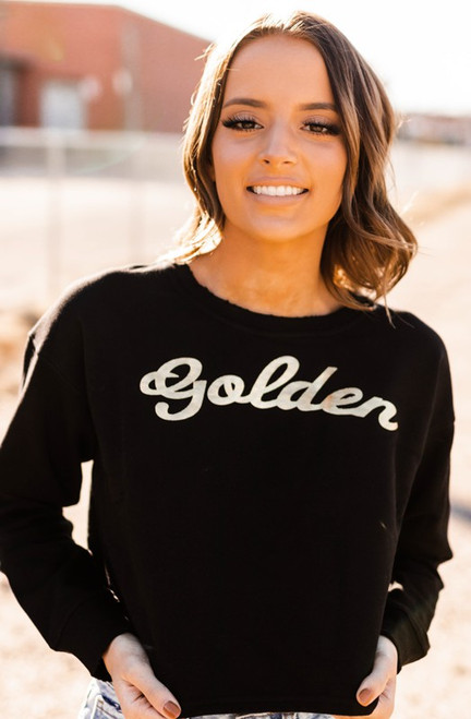 Golden Cropped Black Distressed Sweatshirt
