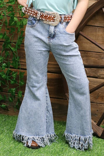 Girls' Bleached Distressed Denim Fringe Jeans