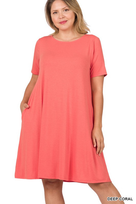 Deep Coral Short-sleeve Plus Flare Dress