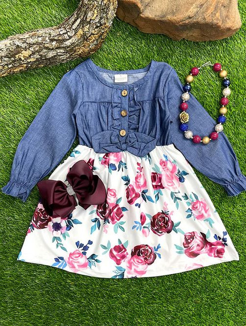 Girls' Maroon Rose Denim Dress