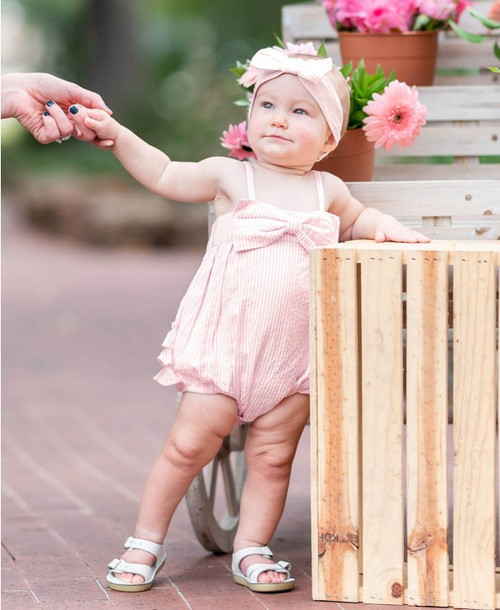 RuffleButts Pink Seersucker Bubble Romper