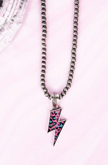 Pink Leopard Lightning Bolt Necklace