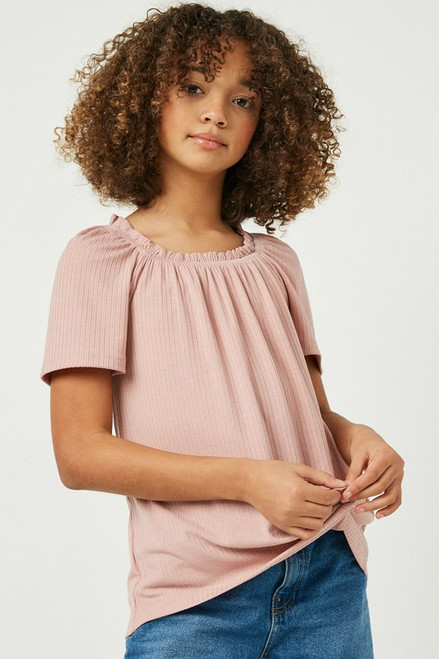 Girls' Light Mauve Ruffled Neck Top