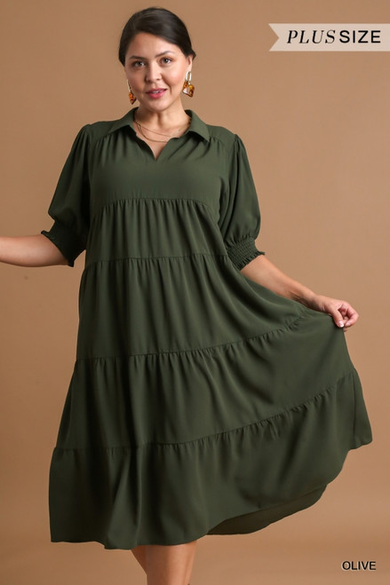 Umgee Olive Cuff Sleeve Tiered Plus Midi Dress