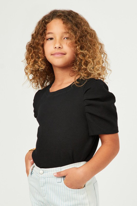Girls' Black Ribbed Puff Sleeve Top