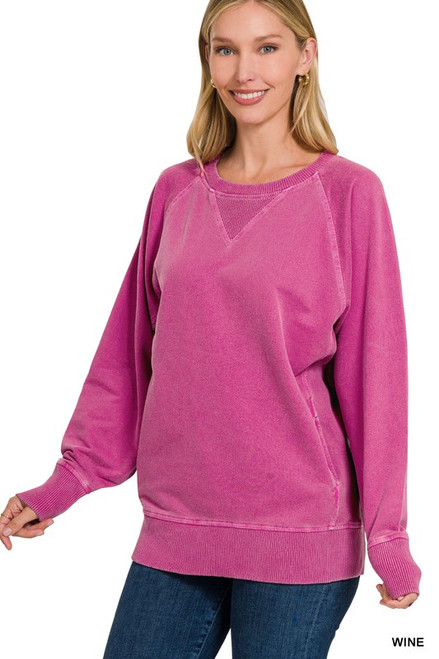 Wine Mineral Wash Pocket Crewneck