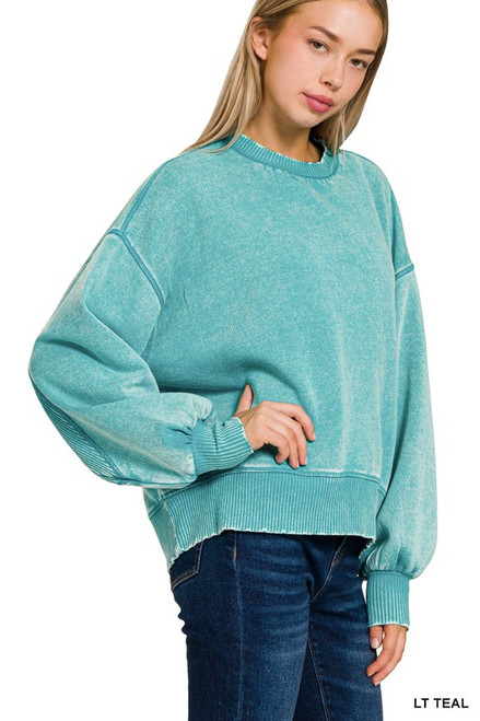 Lt Teal Acid Wash Fleece Oversized Pullover