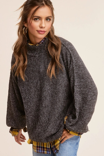 Charcoal Black Balloon Sleeve Mock Neck Sweater
