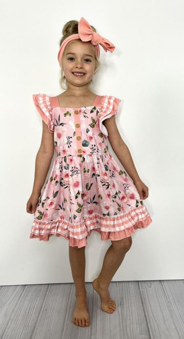 Girls' Peachy Gingham Floral Dress