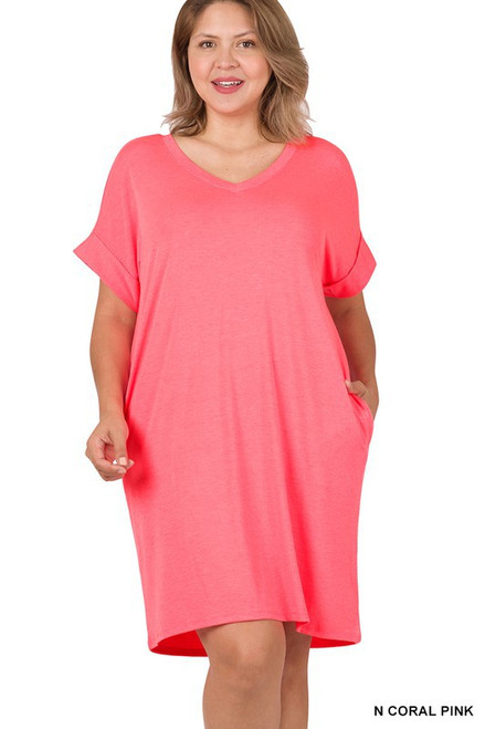 Neon Coral Pink Vneck Rolled Cuff Plus Dress