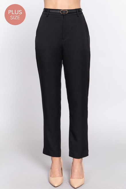Black Classic Woven Belted Plus Pants