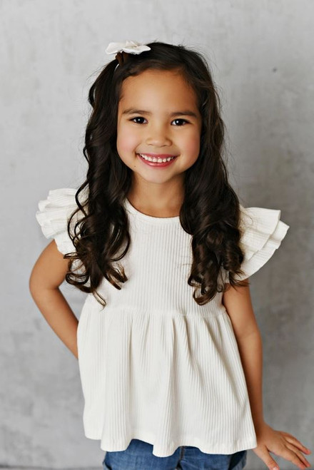 Girls' Double Ruffle Ribbed White Top
