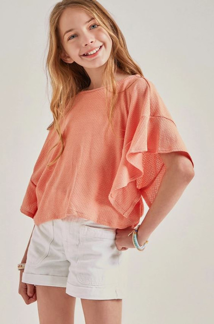 Girls' Coral Ruffled Sleeve Cropped Top