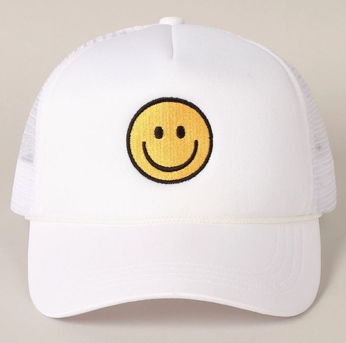 Chenille Smiley Face White Trucker Hat
