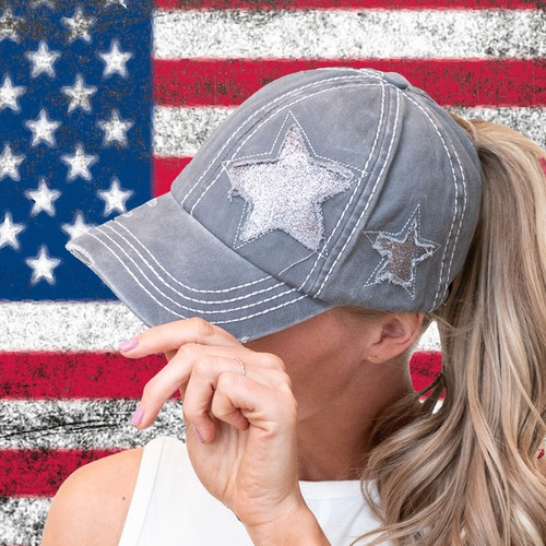CC Grey Glitter Star Ponytail Hat