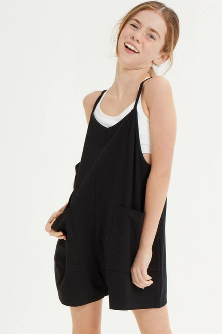 Girls' Double Pocket Black Romper