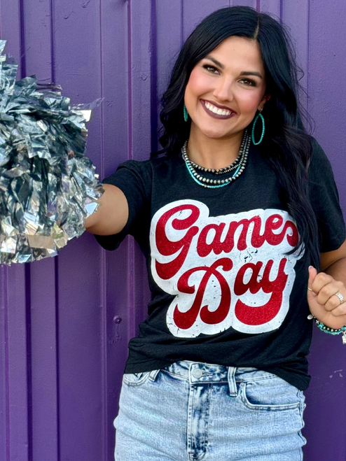Game Day Red Glitter Charcoal Tee