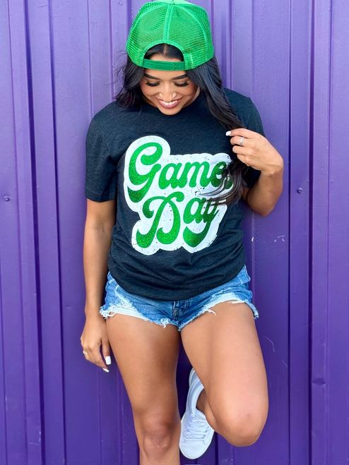 Game Day Green Glitter Charcoal Tee
