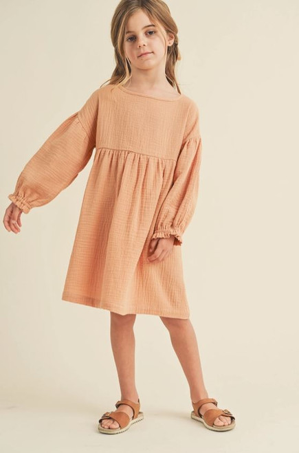 Girls' Apricot Balloon Sleeve Dress