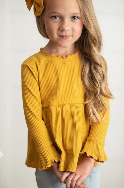 Girls' Mustard Lettuce Trim Long-sleeve Top