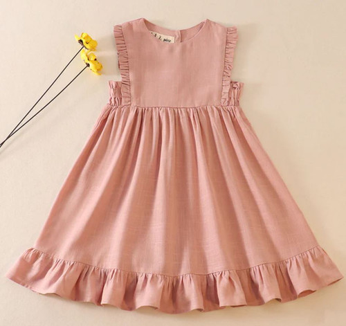 Girls' Pink Linen Ruffle Dress