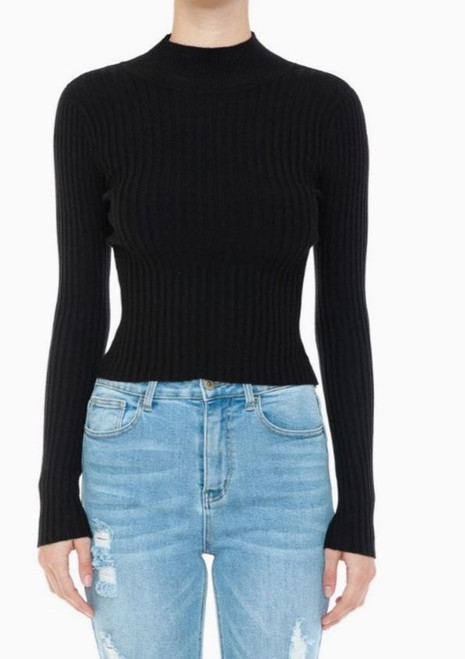 Black Mock Neck Ribbed Long-sleeve Top