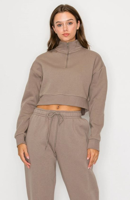 Taupe Half Zip Cropped Pullover