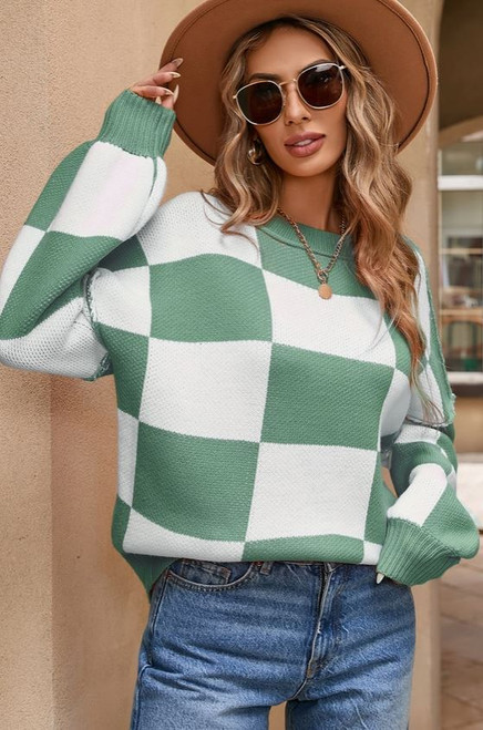 Green & White Checker Sweater