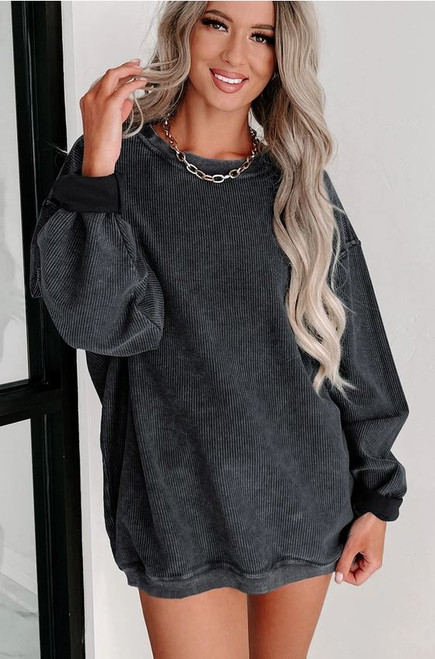 Black Mineral Wash Corded Sweatshirt