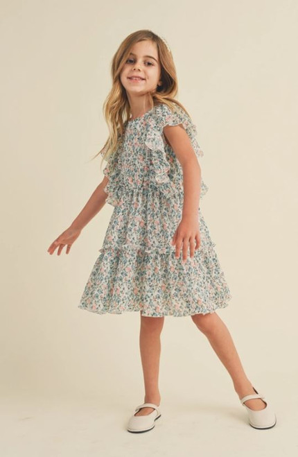 Girls' Blue & Pink Floral Flutter Dress