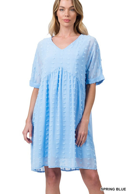 Spring Blue Swiss Dot Vneck Babydoll Dress