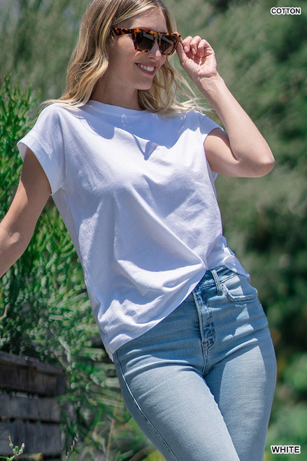 White Rolled Cuff Cotton Tee