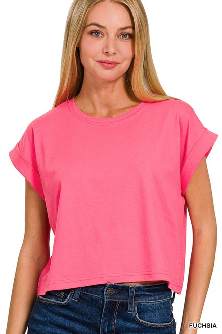 Fuchsia Roll Cuff Cropped Tee