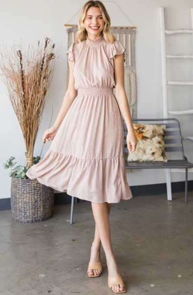 Tan Ditsy Floral Mock Neck Dress