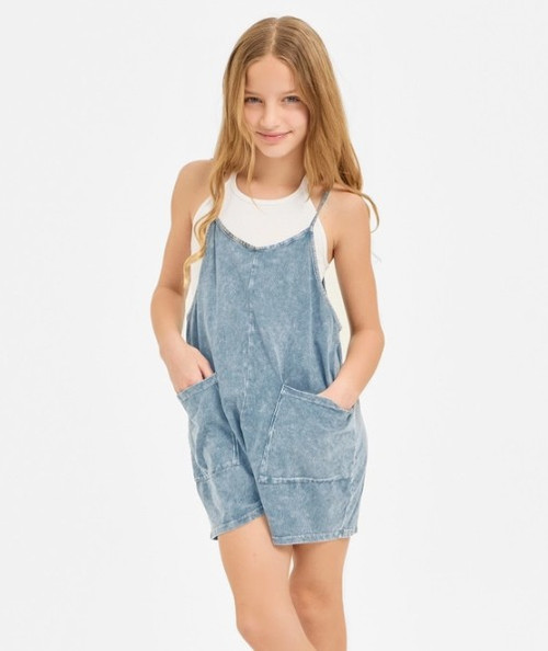 Girls' Denim Blue Mineral Wash Romper