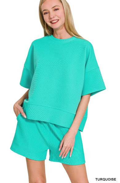 Turquoise Ribbed Banded Top & Shorts Set
