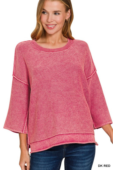 Dark Red Washed 3/4 Sleeve Sweater