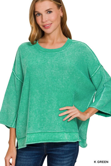 Kelly Green Washed 3/4 Sleeve Sweater