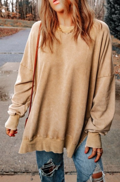 Khaki Vintage Oversize Ribbed Sweatshirt