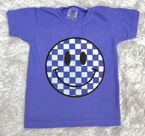 Violet Checkered Smiley Youth Comfort Color Tee