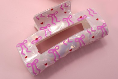Pink Bows & Hearts Rectangle Claw Clip