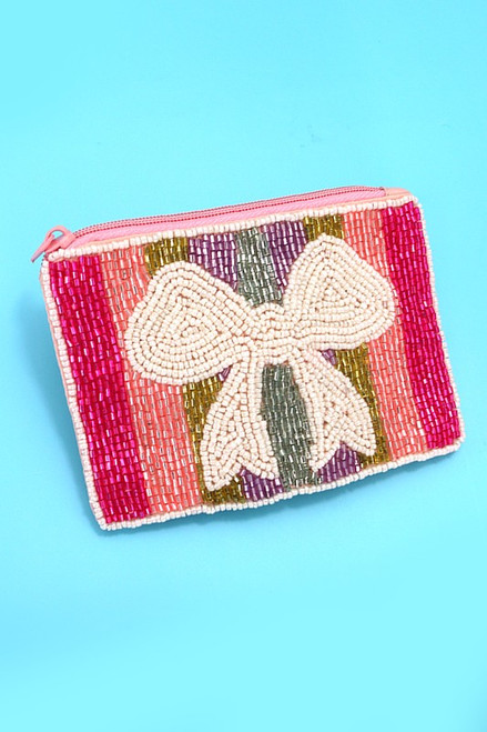 Rainbow Coquette Bow Seed Bead Coin Purse