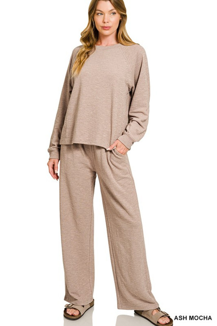 Ash Mocha Long Sleeve Slub Top & Pants Set