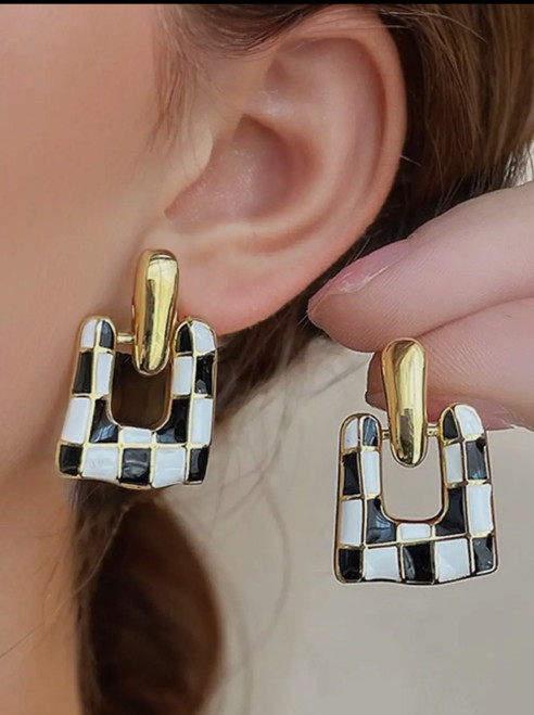 Black Checkered Square Earrings
