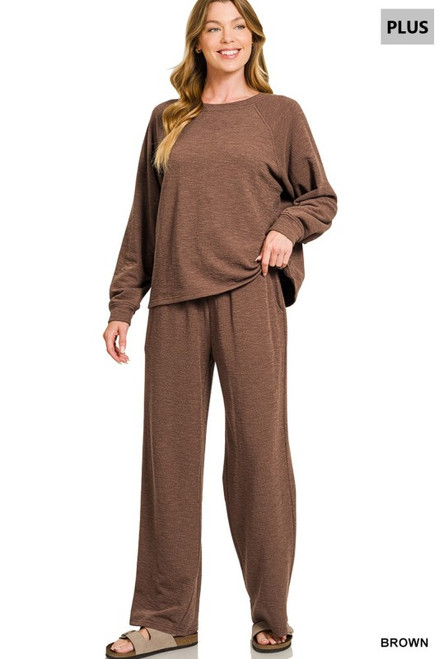 Brown Long Sleeve Slub Top & Pants Plus Set