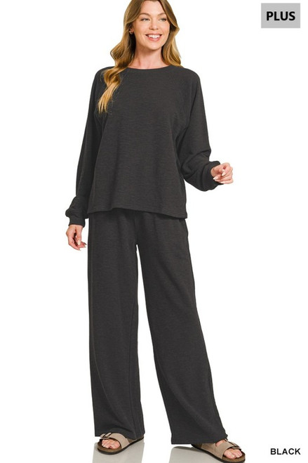 Black Long Sleeve Slub Top & Pants Plus Set