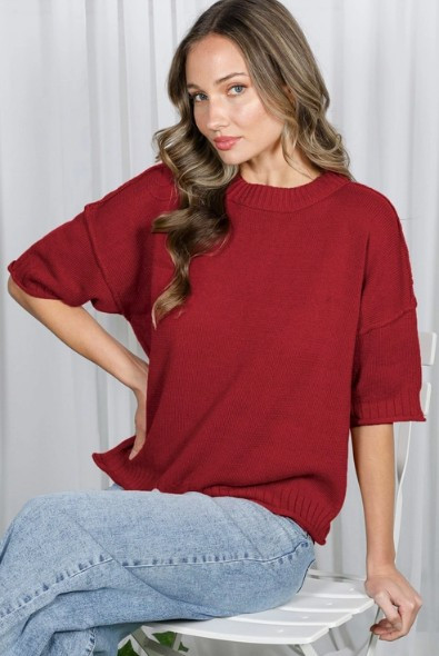Burgundy Ribbed Hem Knit Sweater