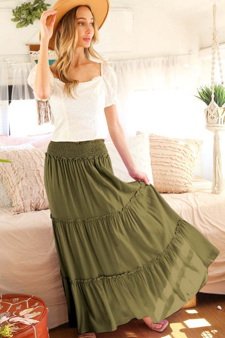 Olive Boho Tiered Maxi Skirt